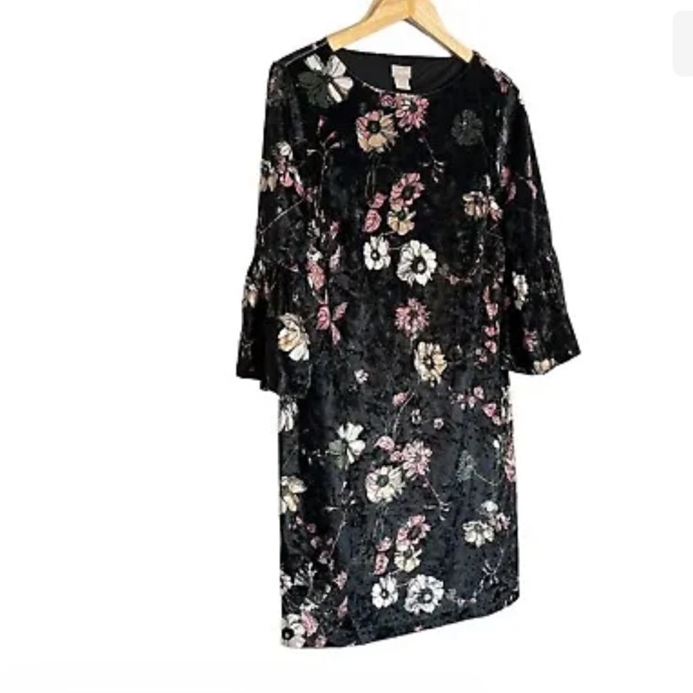 Chico's Velvet Floral Dress Size Medium 3/4 Bell Sleeve Pullover Stretch EUC - Picture 4 of 9